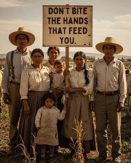 May be an image of 5 people and text that says 'DON'T BITE THE HANDS THAT FEED YOU'