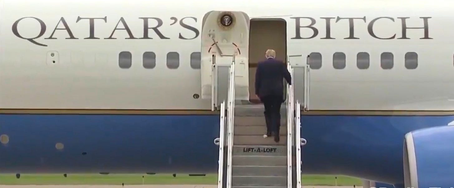 May be an image of 1 person, aircraft and text that says 'QATAR'S BITCH'