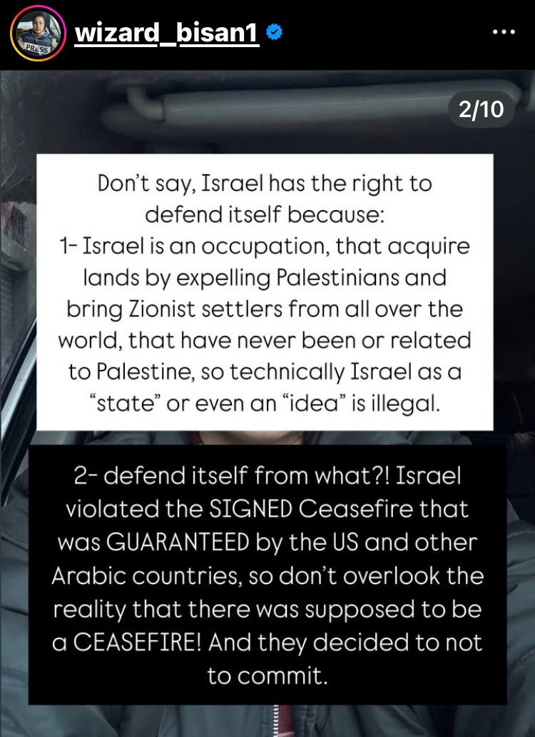 Wizard Bisan in a post on Instagram saying not to say Israel has a right to defend itself