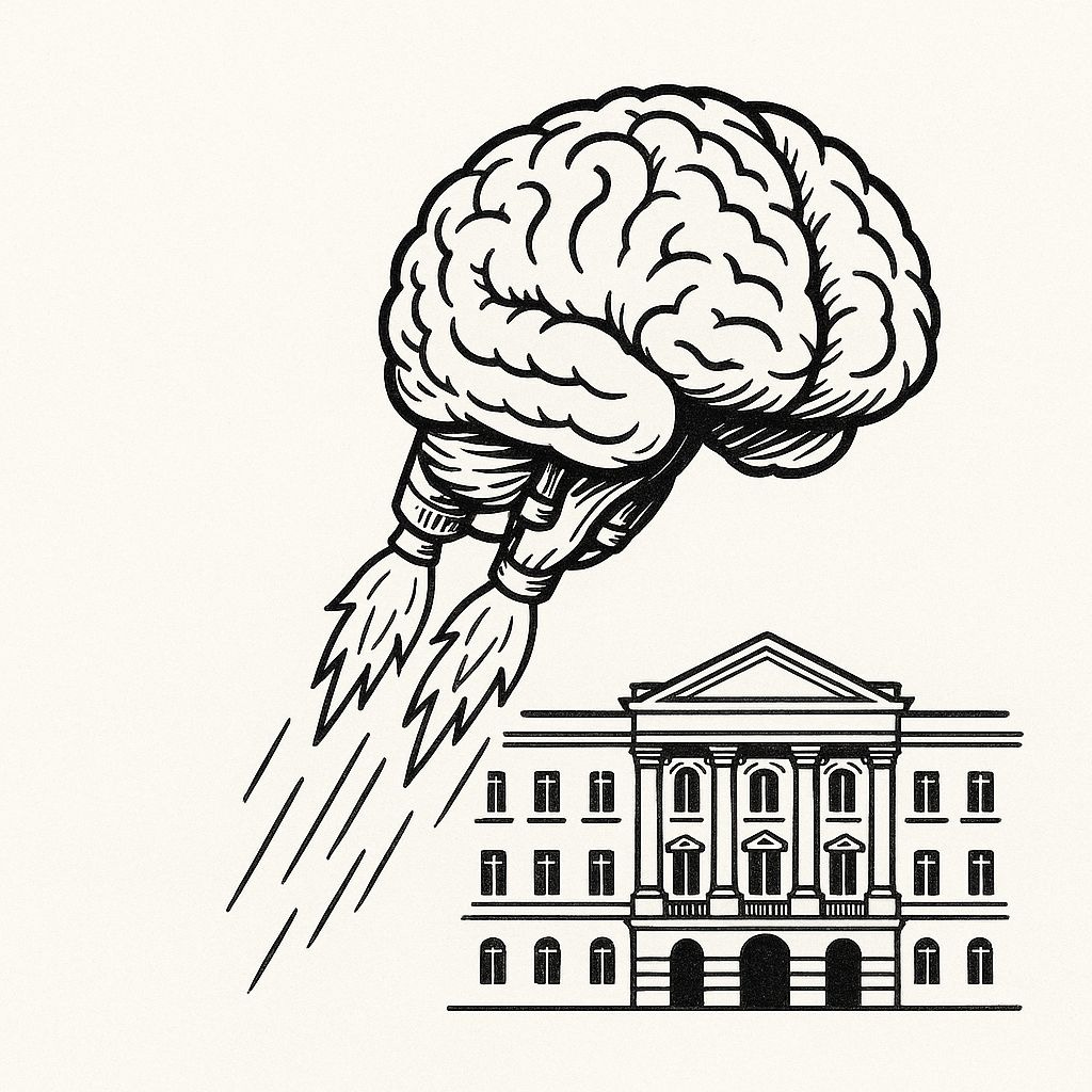 Ilustração em preto e branco de um cérebro com propulsores de foguete decolando de um prédio acadêmico, simbolizando o poder do pensamento treinado na era da inteligência artificial.