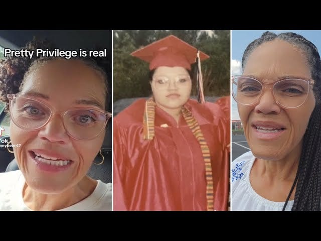 3 different images of Tamekas Journey: left side is the tiktok video of her speaking about pretty privilege. Middle photo is an older photo of a larger-bodied, younger Tameka in her graduation gown, and the third is of Tameka speaking to the camera wearing micro braids