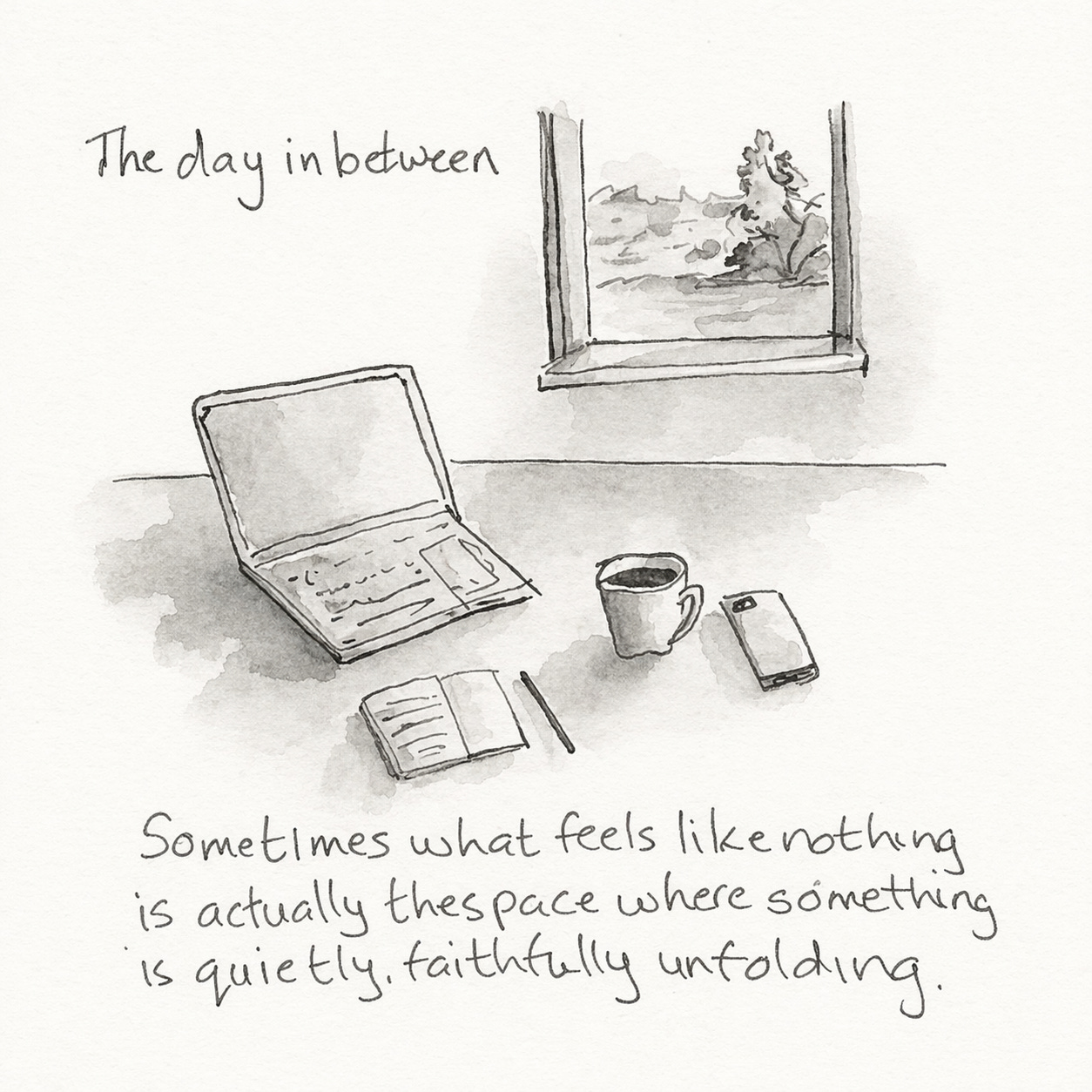 A minimalist ink-style illustration of a quiet kitchen table scene. A laptop sits open beside a mug of coffee, a phone, and a notebook. A window in the background lets in soft light. The overall feeling is stillness and waiting. Overlaid text reads: “Sometimes what feels like nothing is actually the space where something is quietly, faithfully unfolding.” A minimalist ink-style illustration of a quiet kitchen table scene. A laptop sits open beside a mug of coffee, a phone, and a notebook. A window in the background lets in soft light. The overall feeling is stillness and waiting. Overlaid text reads: “Sometimes what feels like nothing is actually the space where something is quietly, faithfully unfolding.”
