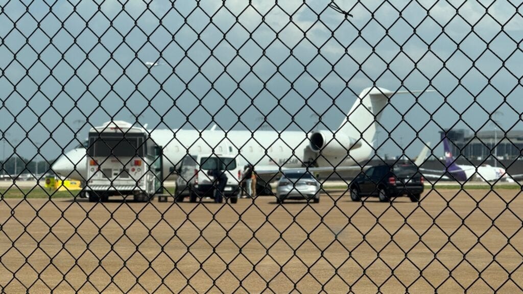 A plane registered to an ICE contractor sits on the tarmac at Wilson Air Center in Memphis, Tennessee (photo by Meghnad Bose) A plane registered to an ICE contractor sits on the tarmac at Wilson Air Center in Memphis, Tennessee (photo by Meghnad Bose)