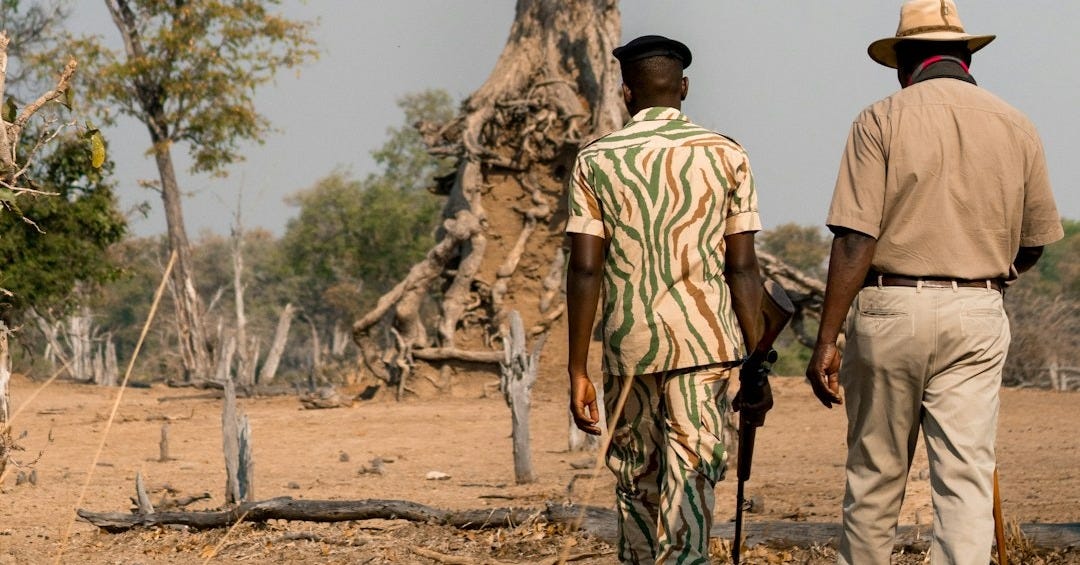 Two men walk through a dry, grassy landscape.