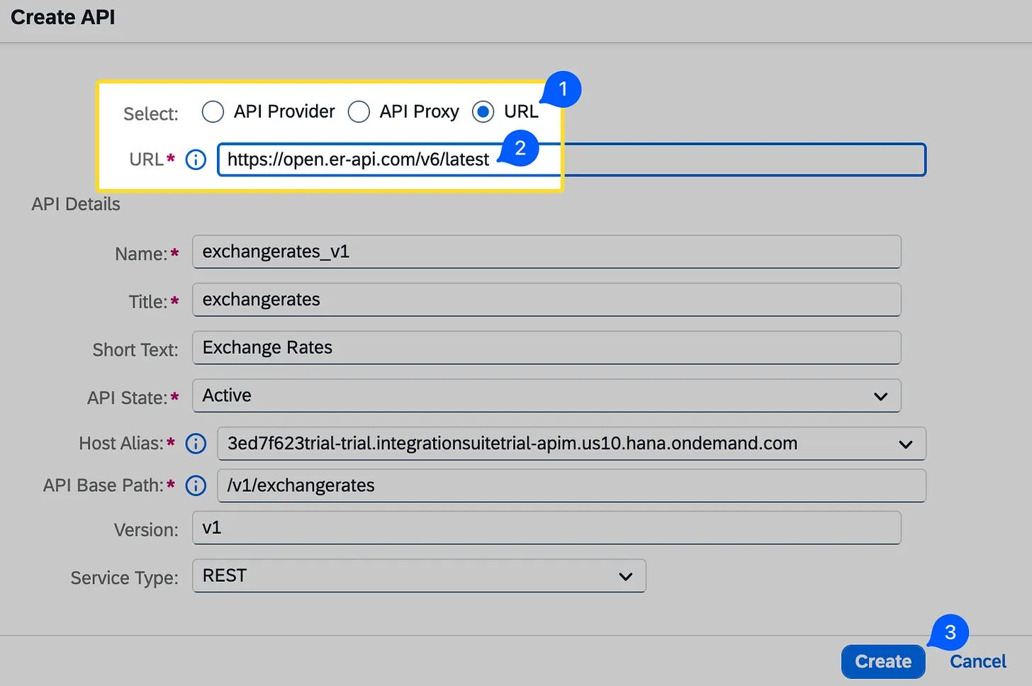 Wizard screen showing the Target URL field populated with https://open.er-api.com/v6/latest. Wizard screen showing the Target URL field populated with https://open.er-api.com/v6/latest.