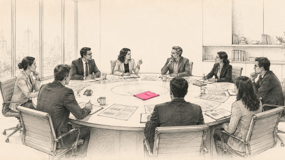 Architectural line-and-wash illustration of senior leaders seated around a round conference table discussing employee performance reviews. A muted pink folder at the center of the table draws attention amid an otherwise monochrome executive boardroom, symbolizing the collaborative decisions behind promotions and talent reviews. Architectural line-and-wash illustration of senior leaders seated around a round conference table discussing employee performance reviews. A muted pink folder at the center of the table draws attention amid an otherwise monochrome executive boardroom, symbolizing the collaborative decisions behind promotions and talent reviews.