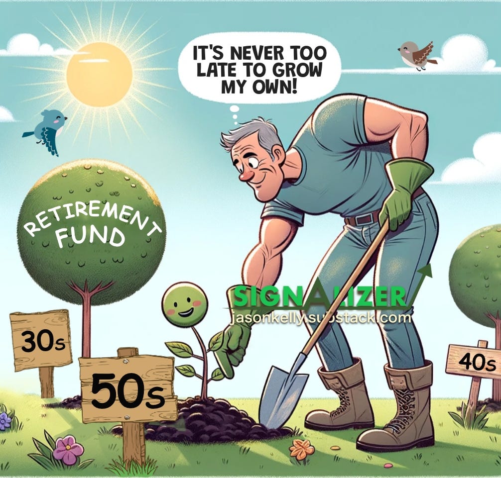 Cartoon: Middle-aged man planting his retirement tree.