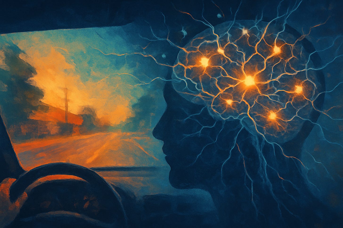 image of person driving and the brain putting together the predictions of what is coming next