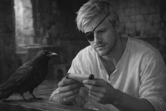 Goldween in clean summer tunic reading small scroll with crow
