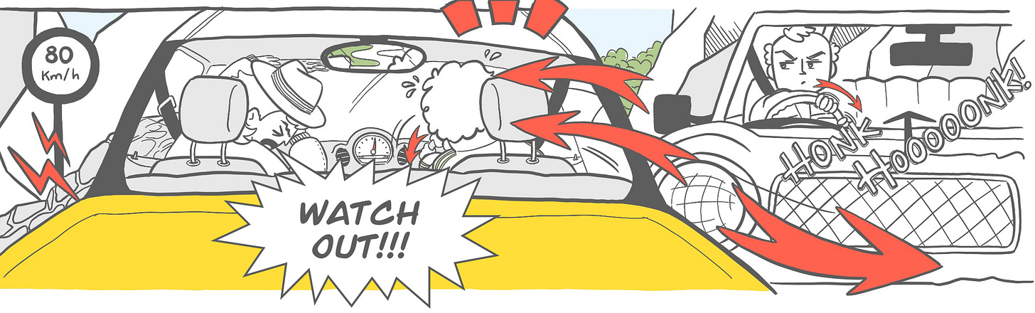 near-miss accident with two cars nearly side-swiping each other on a narrow, winding road going 80km per hour. We see the passenger of one car ducking and yelling "watch out." The driver of the oncoming car is honking.