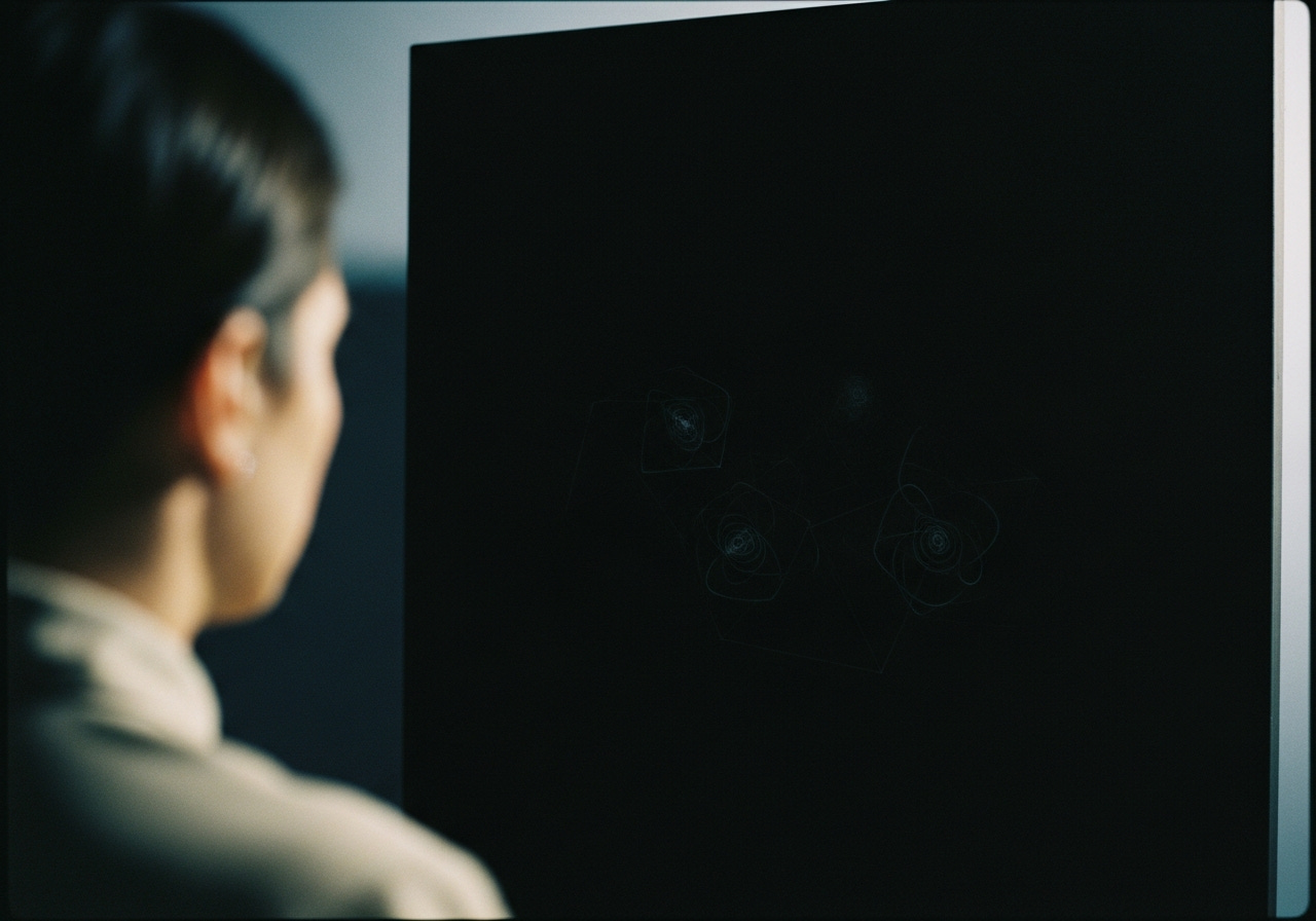 A photorealistic, cinematic image of a person intently gazing into a perfectly dark, uniform visual field where subtle geometric patterns and faint swirling forms are beginning to manifest, presented in a moody, atmospheric vintage photograph style with muted earth tones, deep blues, and high-contrast shadows.