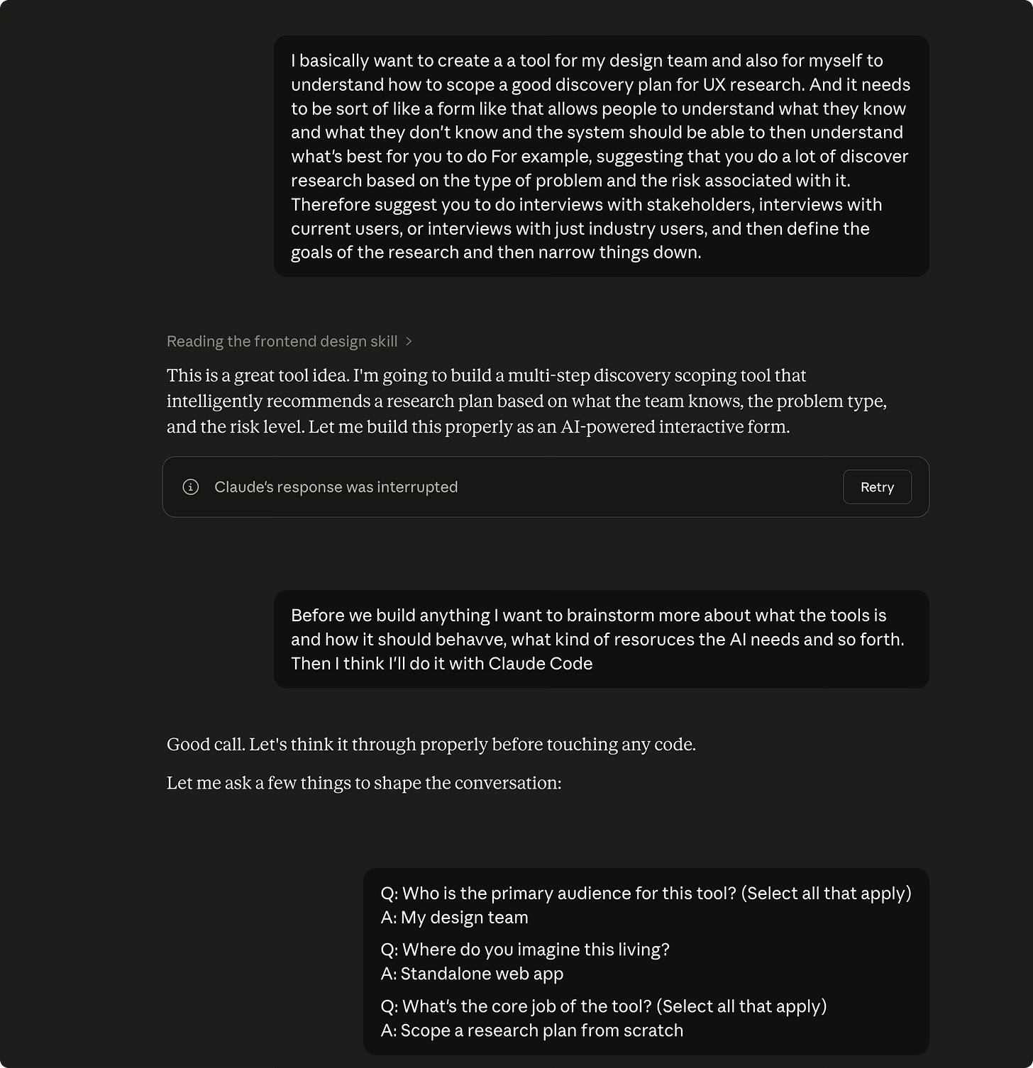 A screenshot from Claude Chat brainstorming problem and solutions