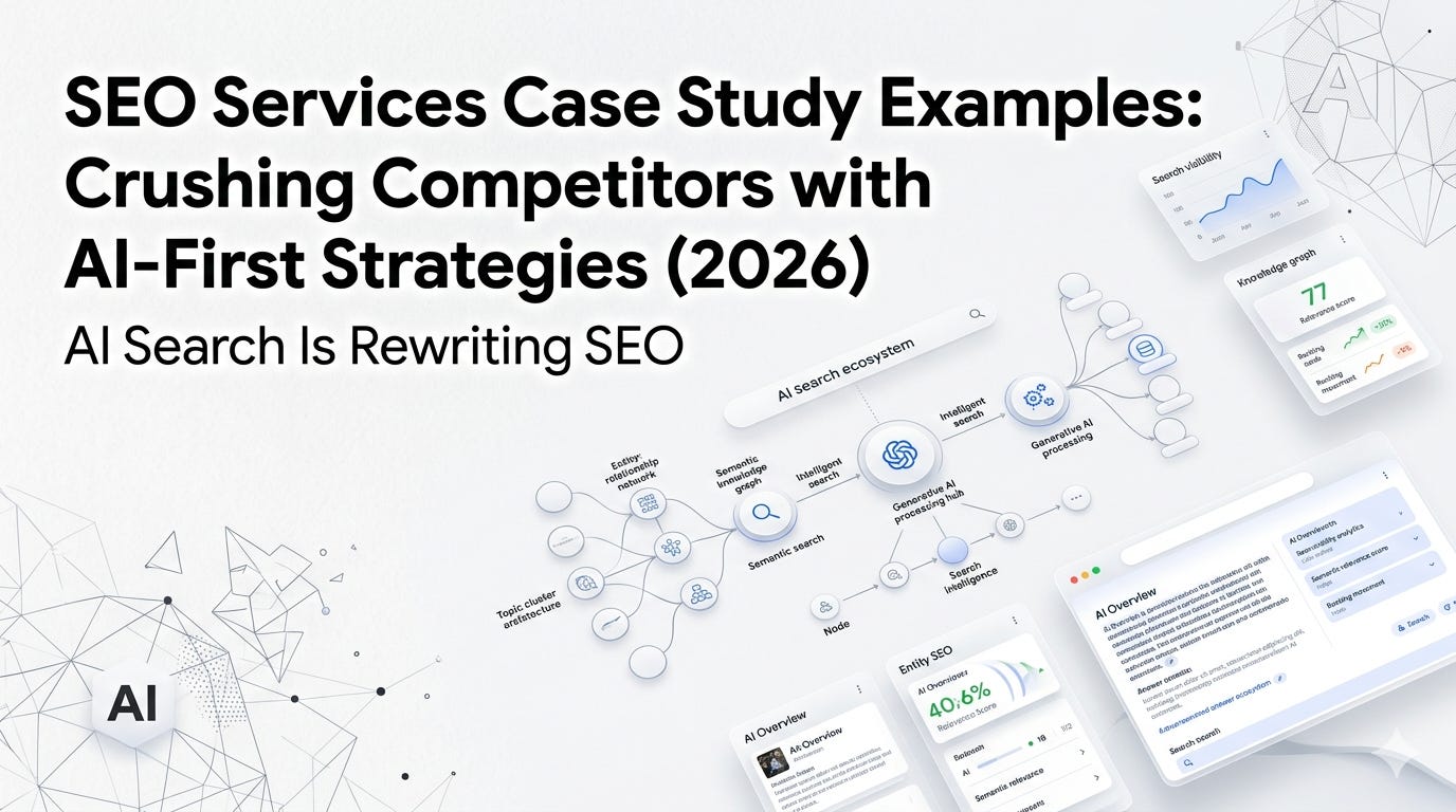 Minimalist LinkedIn Pulse cover banner in a premium white, Google-inspired UI aesthetic. On the upper left, bold charcoal typography reads: "SEO Services Case Study Examples: Crushing Competitors with AI-First Strategies (2026)" and "AI Search Is Rewriting SEO". The center and right sections feature floating, semi-transparent glassmorphic dashboard cards displaying SEO metrics, search visibility graphs, a semantic knowledge graph node network, and clean mockups of search engine AI Overviews. Minimalist LinkedIn Pulse cover banner in a premium white, Google-inspired UI aesthetic. On the upper left, bold charcoal typography reads: "SEO Services Case Study Examples: Crushing Competitors with AI-First Strategies (2026)" and "AI Search Is Rewriting SEO". The center and right sections feature floating, semi-transparent glassmorphic dashboard cards displaying SEO metrics, search visibility graphs, a semantic knowledge graph node network, and clean mockups of search engine AI Overviews.