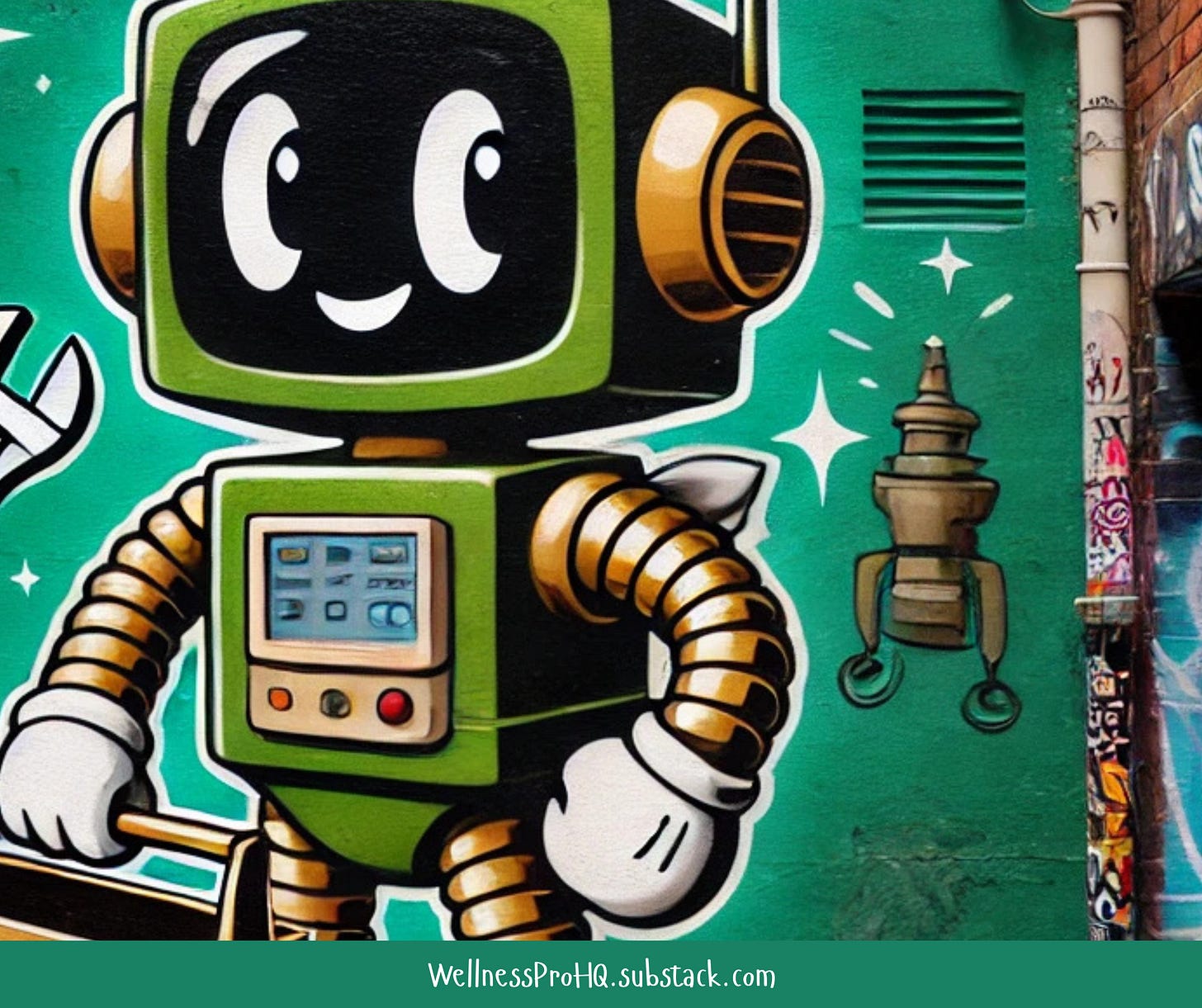 A vibrant mural of a smiling retro-style robot holding a wrench, with a floating mechanical part beside it, symbolizing AI as a helpful tool for efficiency.