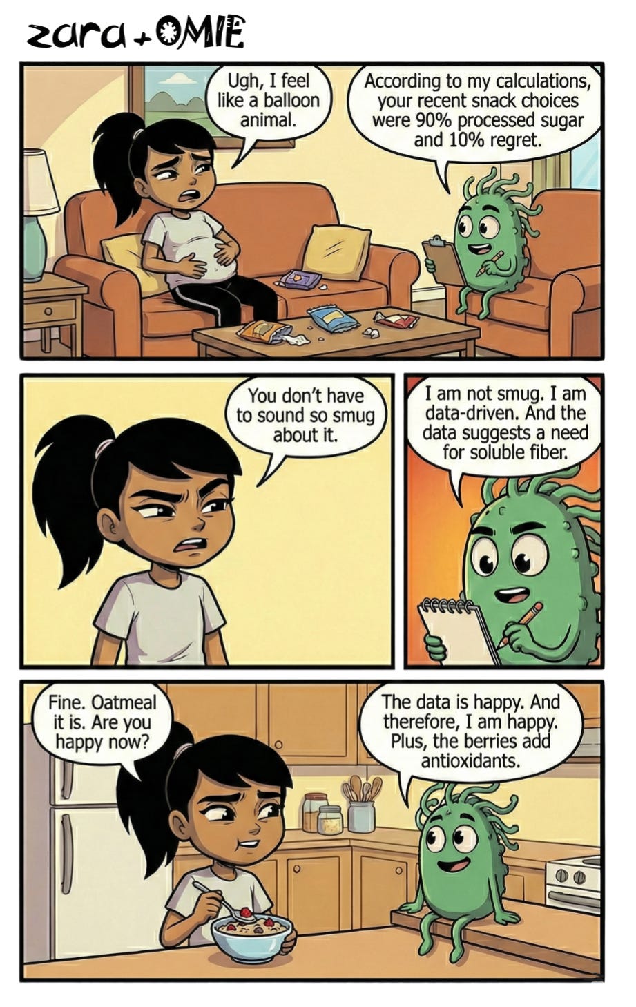 Zara feeling bloated on the couch after snacks, Omie the microbe holding a clipboard and teasing her with “data,” and the final panel where Zara eats oatmeal with berries while Omie looks pleased in the kitchen.