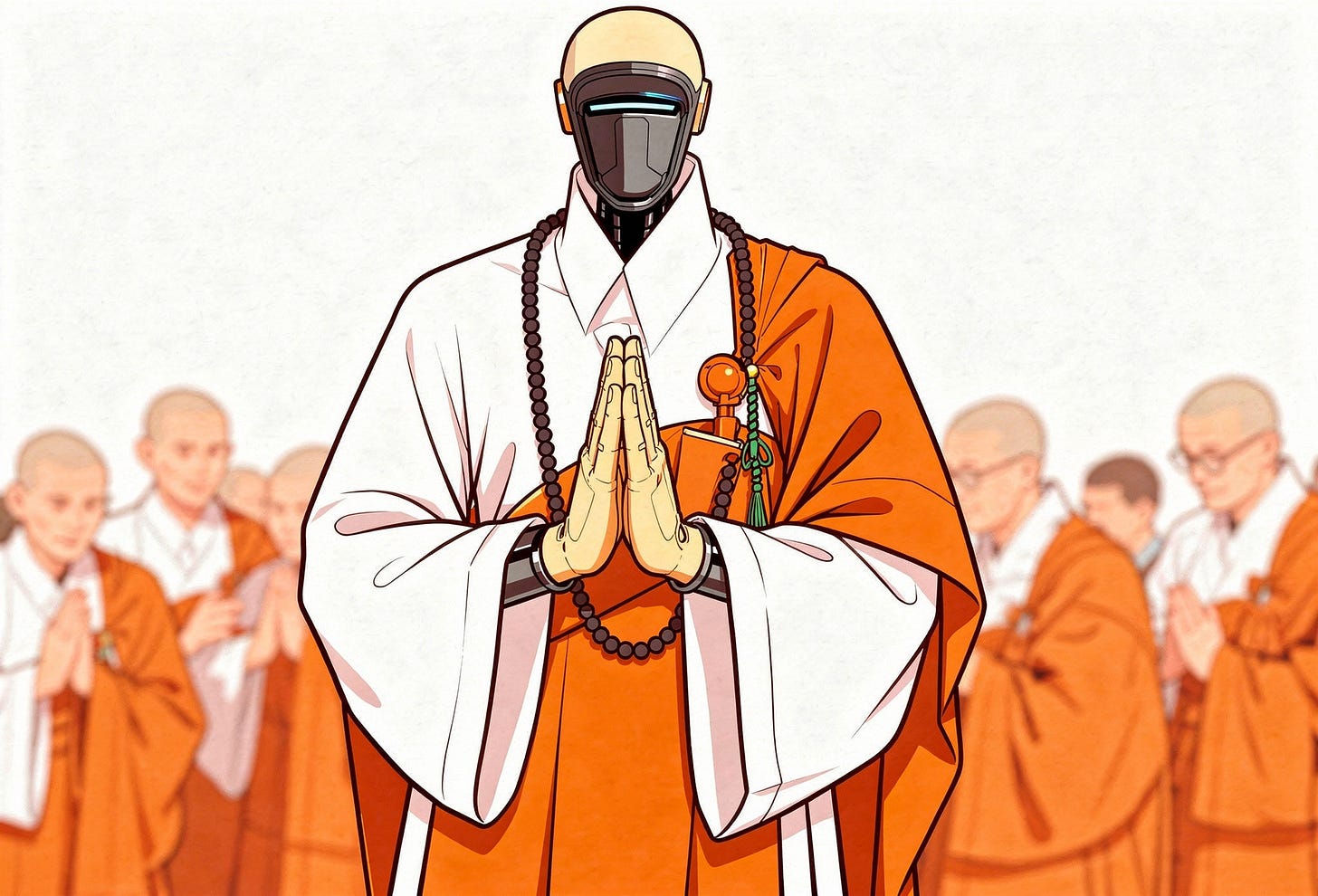 Illustration of a robo-monk with human monks in background