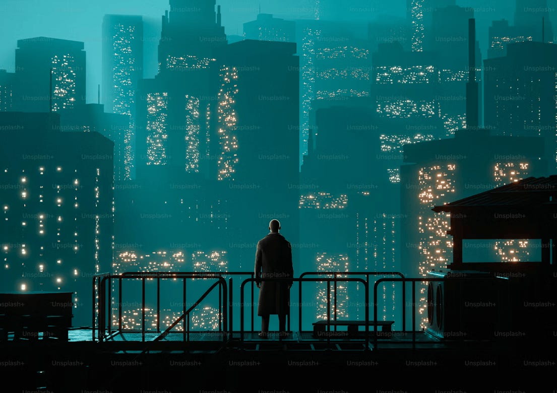 Un homme la nuit regardant la mégapole