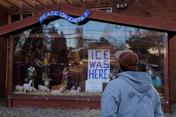 A Nativity scene with a sign that reads, “ICE Was Here.” A Nativity scene with a sign that reads, “ICE Was Here.”