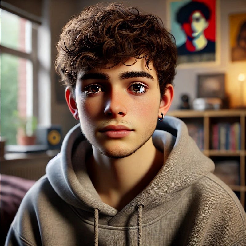 Telly Monroe Portrait A teenage non-binary person with curly brown hair, warm olive skin, freckles, and dark eyes. They wear a gray hoodie and have a quiet, introspective expression. A cozy room is blurred behind them.