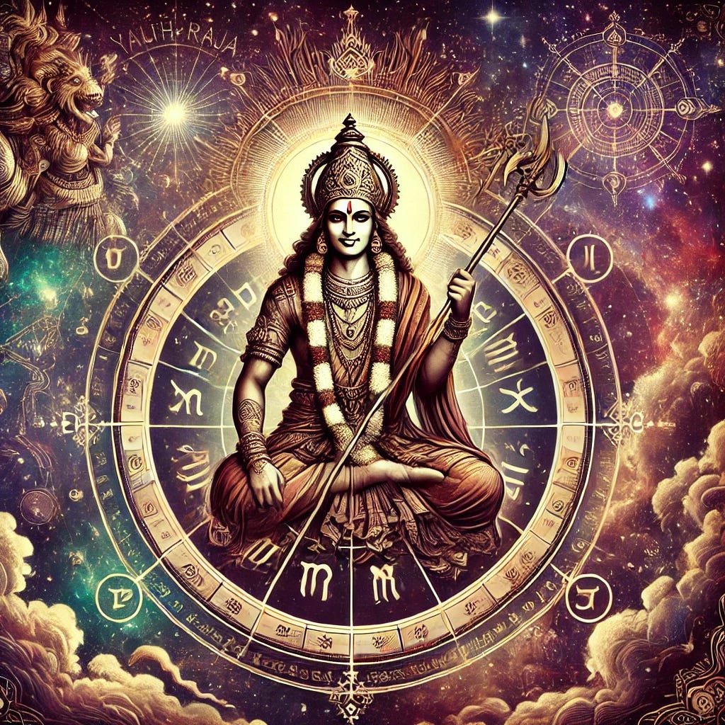 A South Indian-style horoscope intricately embedded in a cosmic theme, featuring Yama Raja, the God of Death, holding his traditional mace. The horoscope chart reflects the spiritual and astrological theme of death prediction and karmic patterns. The celestial backdrop enhances the divine and authoritative essence of Yama Raja. The image is part of an article titled Death Prediction in Astrology: Understanding Marakas, Longevity, and Spiritual Insights authored by Anish Prasad and published at astrojagriti.substack.com.