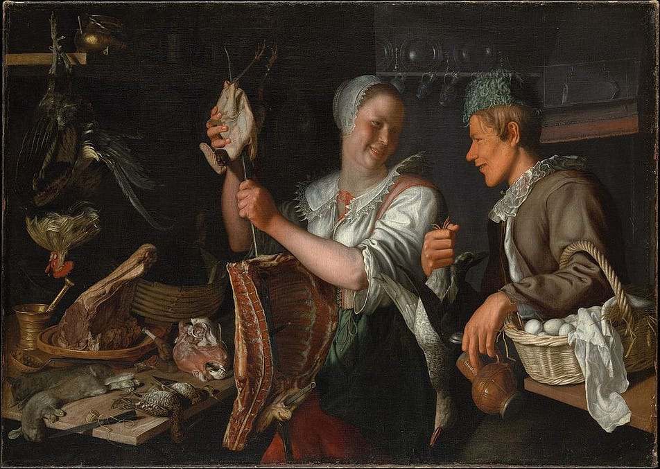 Old painting of a two people in a kitchen
