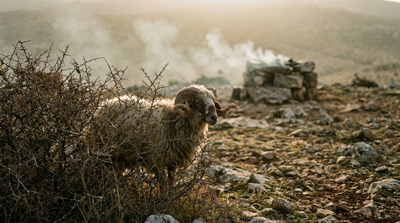 A ram caught by its curled horns in a dense thorn thicket on a stony hilltop at dawn, smoke rising faintly from a stone altar beyond, no people, no faces, no text