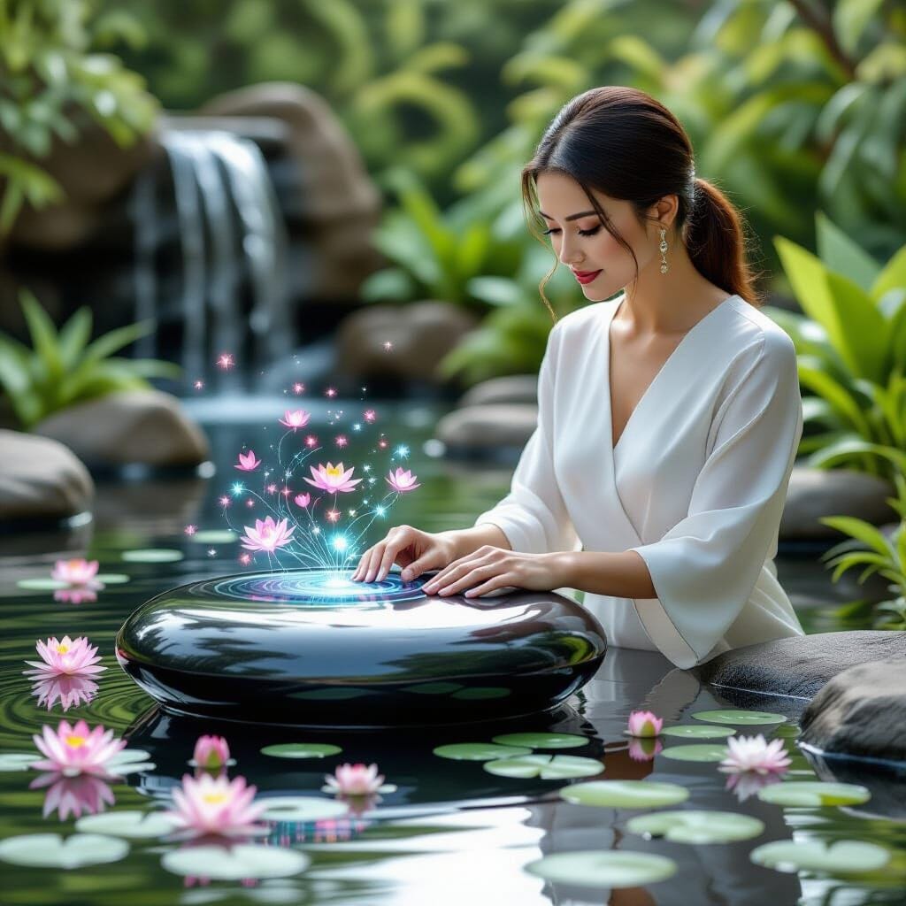 A beautiful professional woman, with an air of sophisticated ease, interacts with a smooth, polished obsidian surface th...