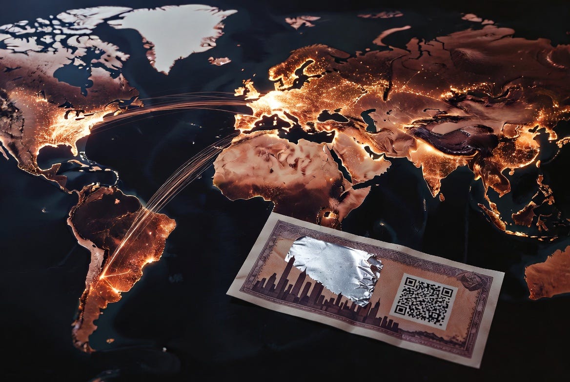 Dark world map viewed from above with glowing amber connection lines linking Russia to Africa and Latin America, a physical banknote-style document with a city skyline and scratched QR code in the foreground, representing the A7 network's global expansion and physical bearer instruments. Dark world map viewed from above with glowing amber connection lines linking Russia to Africa and Latin America, a physical banknote-style document with a city skyline and scratched QR code in the foreground, representing the A7 network's global expansion and physical bearer instruments.