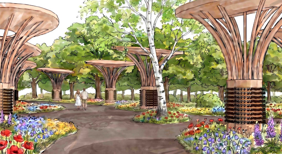 An illustration showing tall copper structures with paths and flowers around them An illustration showing tall copper structures with paths and flowers around them