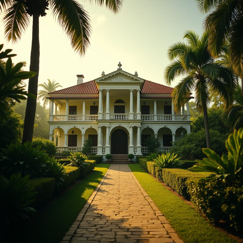 Majestic colonial mansion, Jamaica, late afternoon, warm golden light, cinematic lighting, long shadows, vibrant lush tropical gardens, ornate wooden facade, rustic shutters
