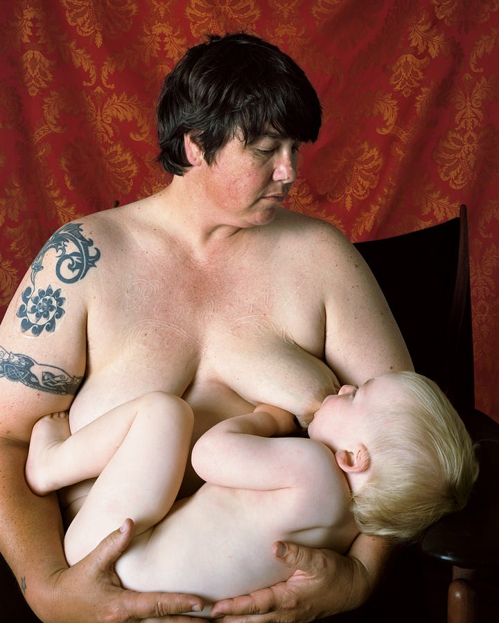 Catherine Opie portraits, one with a cutting of a family and one with her breastfeeding her child.
