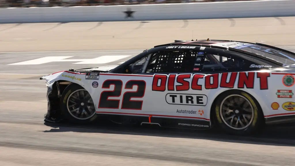 Joey Logano is done for the day after a hard crash into Cole Custer on pit road during the Wurth 400 at Texas Motor Speedway.