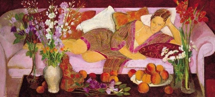 This may contain: a painting of a woman laying on a couch with flowers and fruit in vases