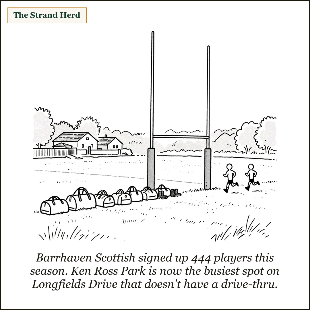The Strand Herd cartoon: a suburban rugby pitch at dusk with tall goal posts, a long row of duffel bags and boots along the sideline, two small figures jogging, and houses behind the trees. Caption: Barrhaven Scottish signed up 444 players this season. Ken Ross Park is now the busiest spot on Longfields Drive that doesn't have a drive-thru.