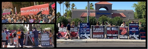 A collage of three photos showing anti-abortion protests. The top-left image depicts a crowd holding a large orange banner reading ''PRO-LIFE PRO-LOVE.'' The bottom-left image shows a group of protesters with religious and anti-abortion signs, some featuring images of Jesus Christ. The rightmost image is a wide shot of a protest in front of a building with signs that read ''PLANNED PARENTHOOD MURDERS BABIES'' and ''ESTABLISH JUSTICE, END ABORTION,'' among others.