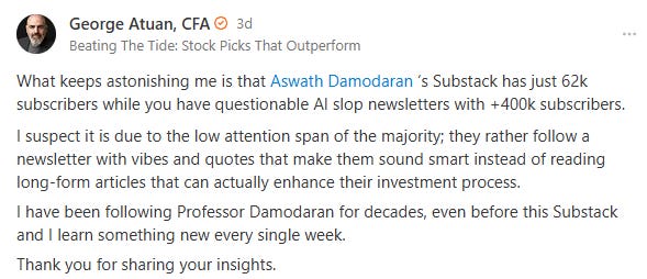 George Atuan’s Substack note questions why Damodaran’s valuation writing attracts fewer subscribers than popular AI-generated newsletters. George Atuan’s Substack note questions why Damodaran’s valuation writing attracts fewer subscribers than popular AI-generated newsletters.