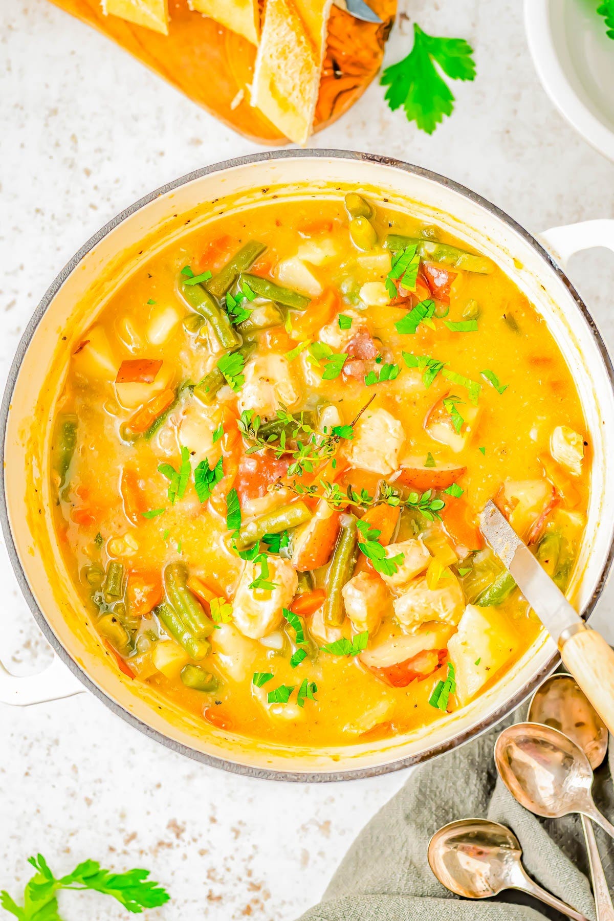 A pot of easy chicken stew with a ladle sticking out. A pot of easy chicken stew with a ladle sticking out.