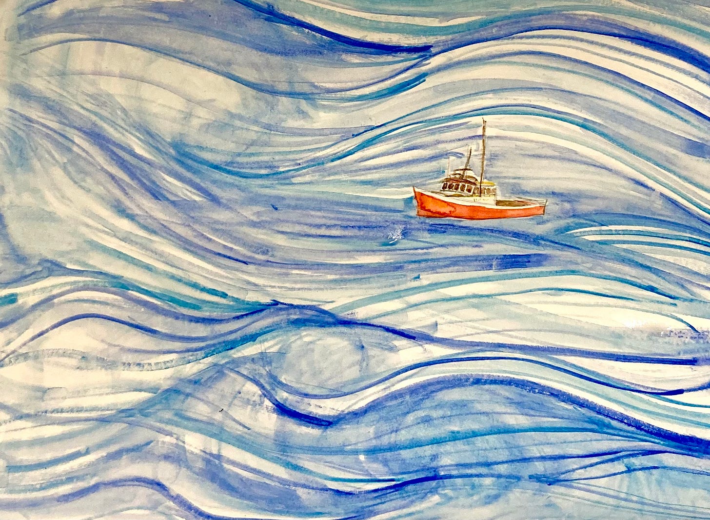 A watercolor sketch of an orange lobster boat in blue swirls of water.