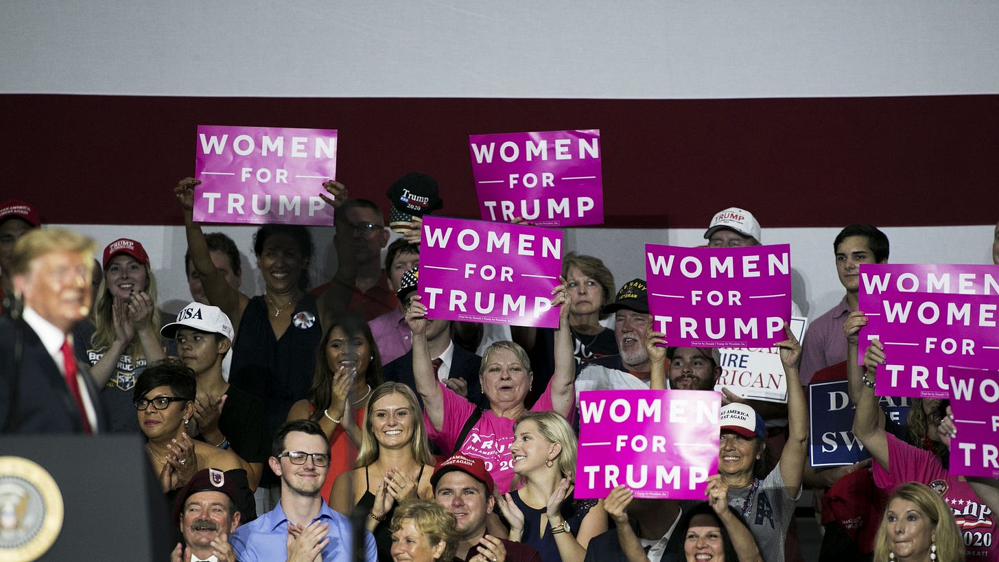 Attendees hold placards reading Women For Trump during a rally with U.S. President Donald Trump in Lewis Center Ohio...