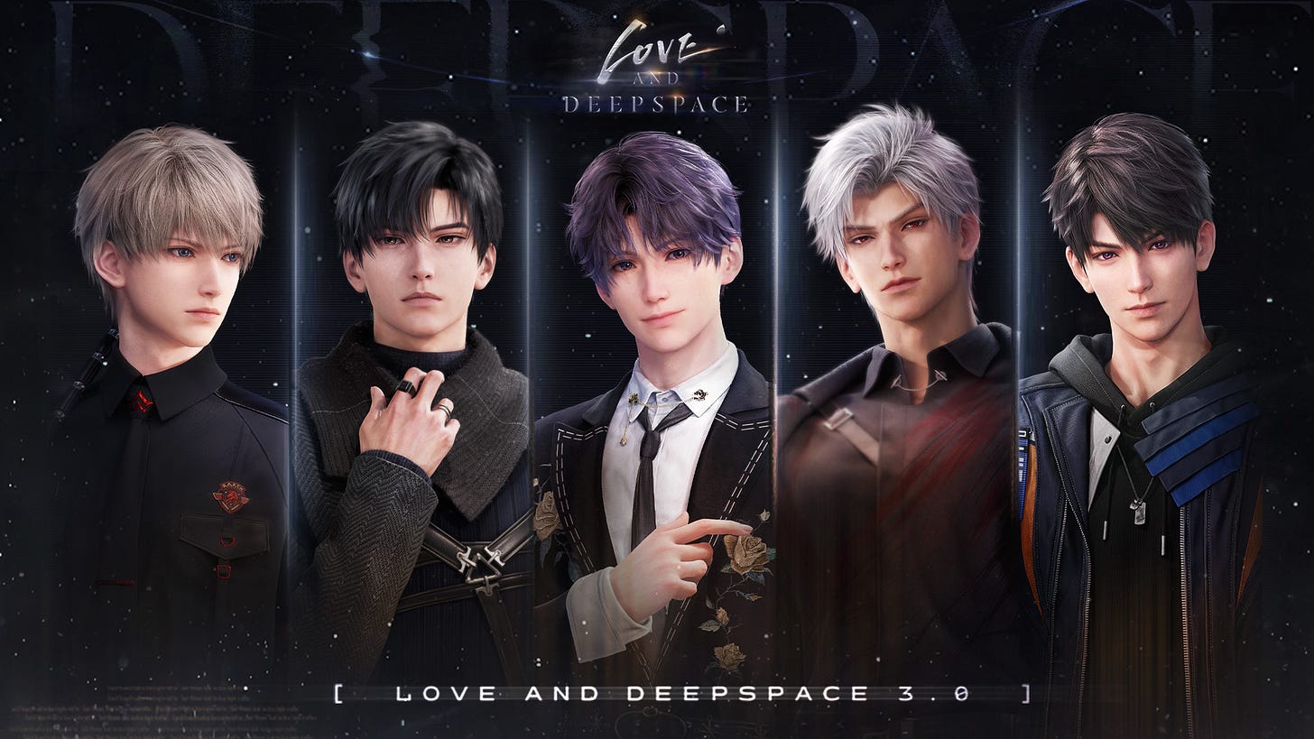 A promotional image for Love and Deepspace 3.0, an AI-powered dating simulation game. It features five animated male characters, each with distinct hairstyles and outfits, standing against a dark, starry background. The game's title is displayed at the top in an elegant font. These characters serve as the AI-generated love interests, designed to provide an idealized romantic experience.