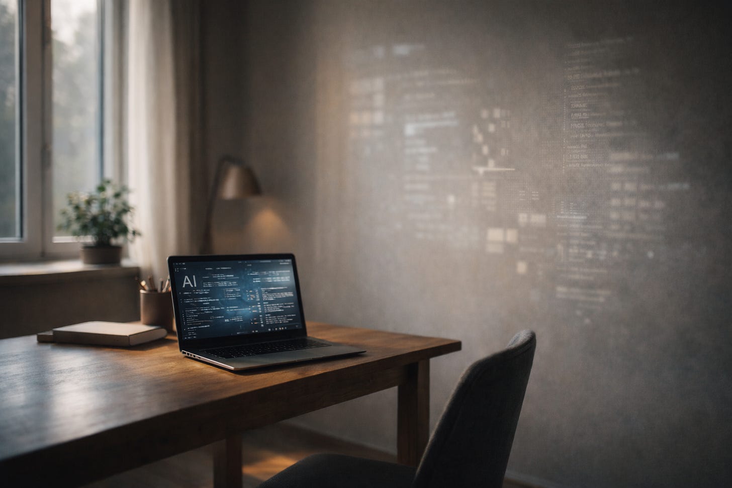 Spațiu interior minimalist, fără prezență umană directă, sugerând reflecție și integrarea calmă a inteligenței artificiale în munca de zi cu zi.