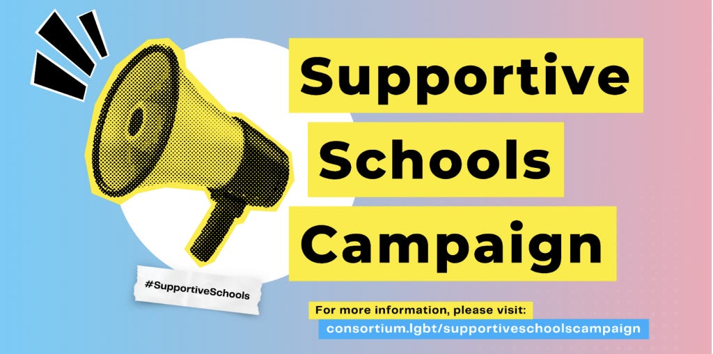 Supportive Schools Campaign For more information, please visit: consortium.lgbt/supportiveschoolscampaign Supportive Schools Campaign For more information, please visit: consortium.lgbt/supportiveschoolscampaign