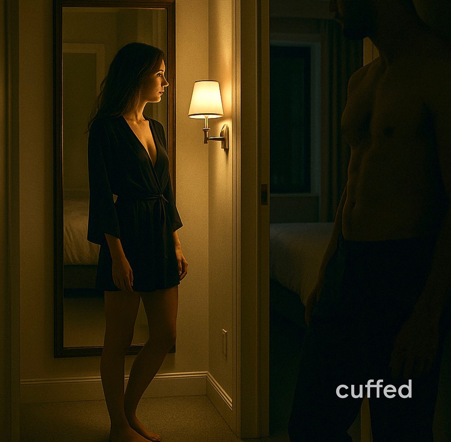 A young woman in a black robe stands barefoot in a dimly lit hallway, facing a shirtless older man partially in shadow. The hotel room setting and soft yellow light suggest intimacy and emotional tension. Visual for cuffed musing no. 5: “what no one tells you about dating women in their 20s (when you’re in your 40s).”