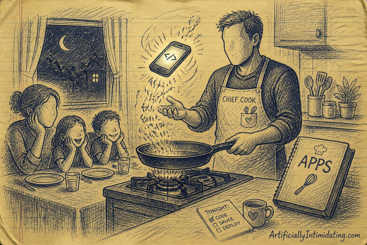 Editorial cartoon: a parent in a Chief Cook apron flips a glowing smartphone in a frying pan while the family watches from the dinner table