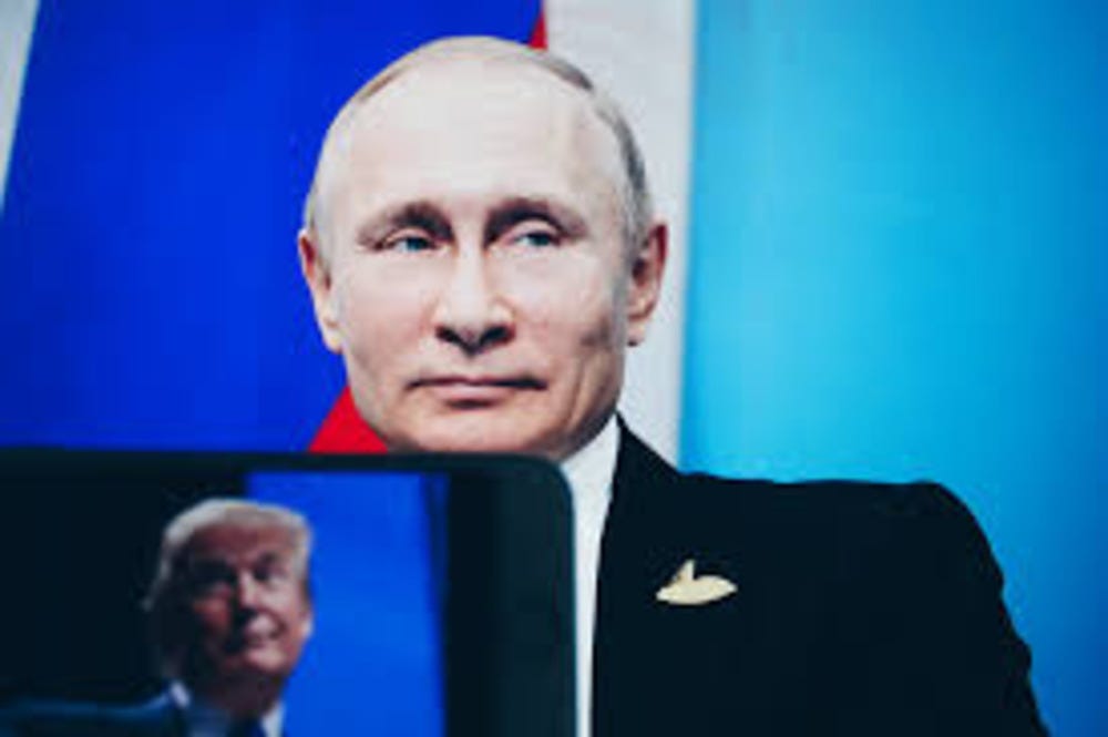 headshot of Russian leader Putin with an inset of Trump headshot of Russian leader Putin with an inset of Trump