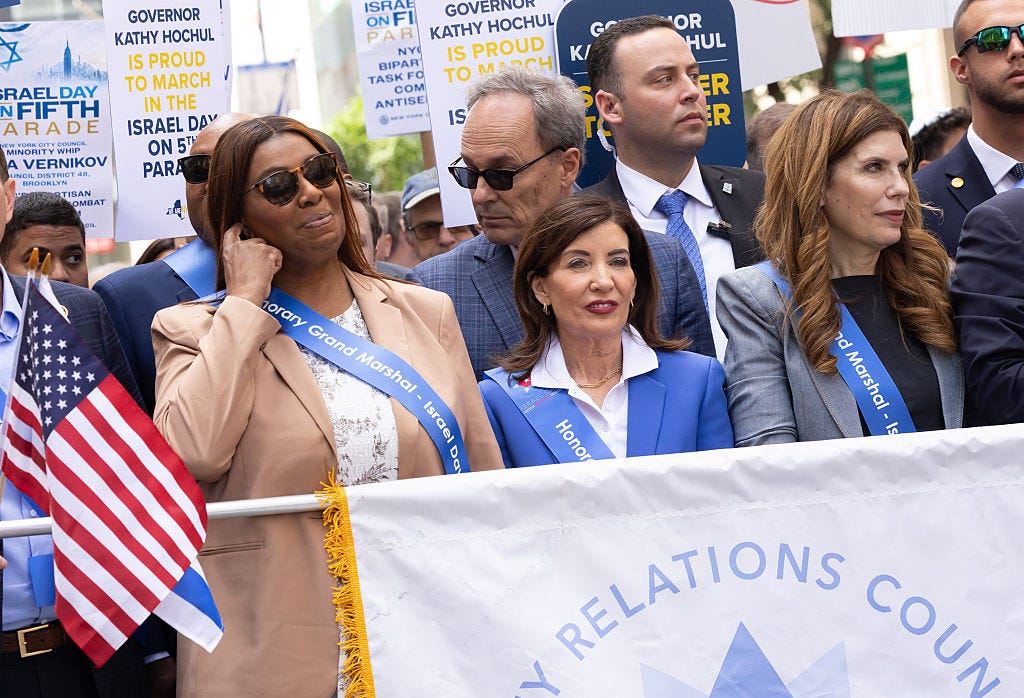 Letitia James, Kathy Hochul. and Julie Menin are seen at the 2026 Israel Day Parade on May 31, 2026, in New York City.