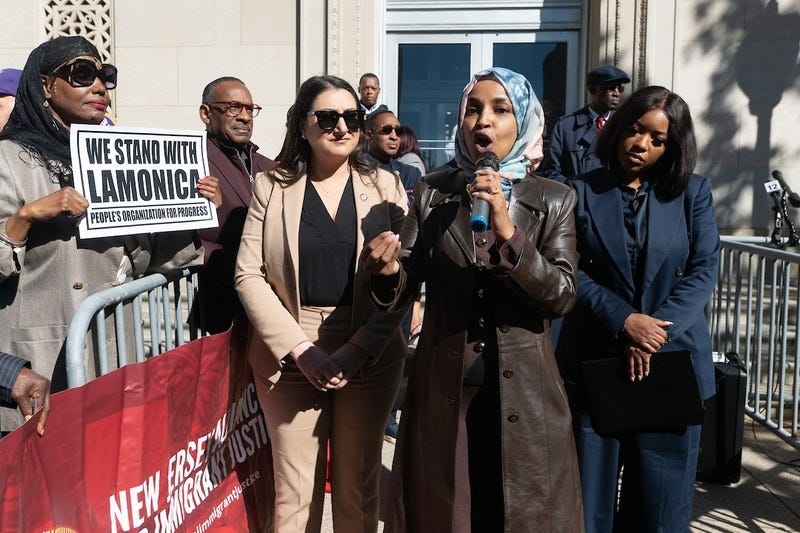 Democratic U.S. Rep. Ilhan Omar of Minnesota speaks during a rally in support of Rep. LaMonica McIver, D-N.J., outside a federal courthouse in Newark, New Jersey, on Oct. 21, 2025. She is flanked by Democratic Reps. Sara Jacobs of California, left, and Jasmine Crockett of Texas, right. (Photo by Reena Rose Sibayan/New Jersey Monitor) Democratic U.S. Rep. Ilhan Omar of Minnesota speaks during a rally in support of Rep. LaMonica McIver, D-N.J., outside a federal courthouse in Newark, New Jersey, on Oct. 21, 2025. She is flanked by Democratic Reps. Sara Jacobs of California, left, and Jasmine Crockett of Texas, right. (Photo by Reena Rose Sibayan/New Jersey Monitor)