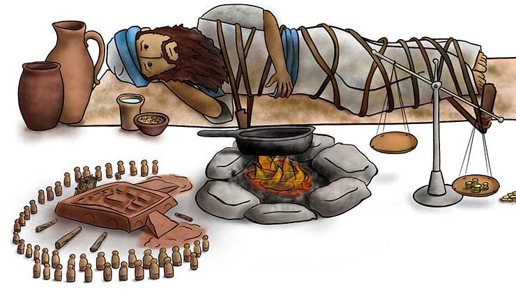cartoon drawing of bearded man lying on his side and bound with ropes, in front of him is a campfire with a cooking pot, a two-armed scale, and a stone with a city drawn on it and surrounded by little army figurines cartoon drawing of bearded man lying on his side and bound with ropes, in front of him is a campfire with a cooking pot, a two-armed scale, and a stone with a city drawn on it and surrounded by little army figurines