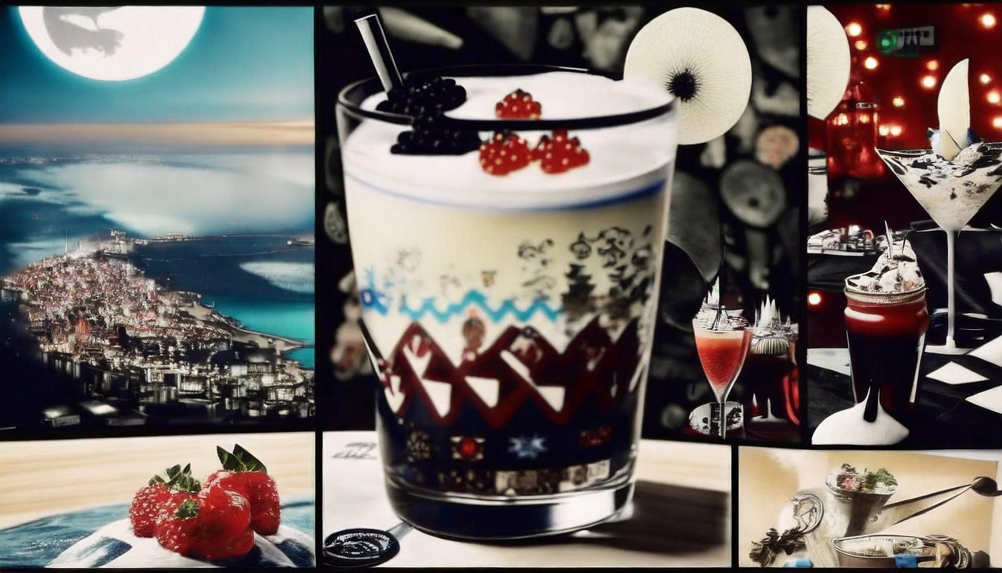 AI generated mosaic of images using an album cover from 1991 as a style reference and the text prompt "pralines and cream."