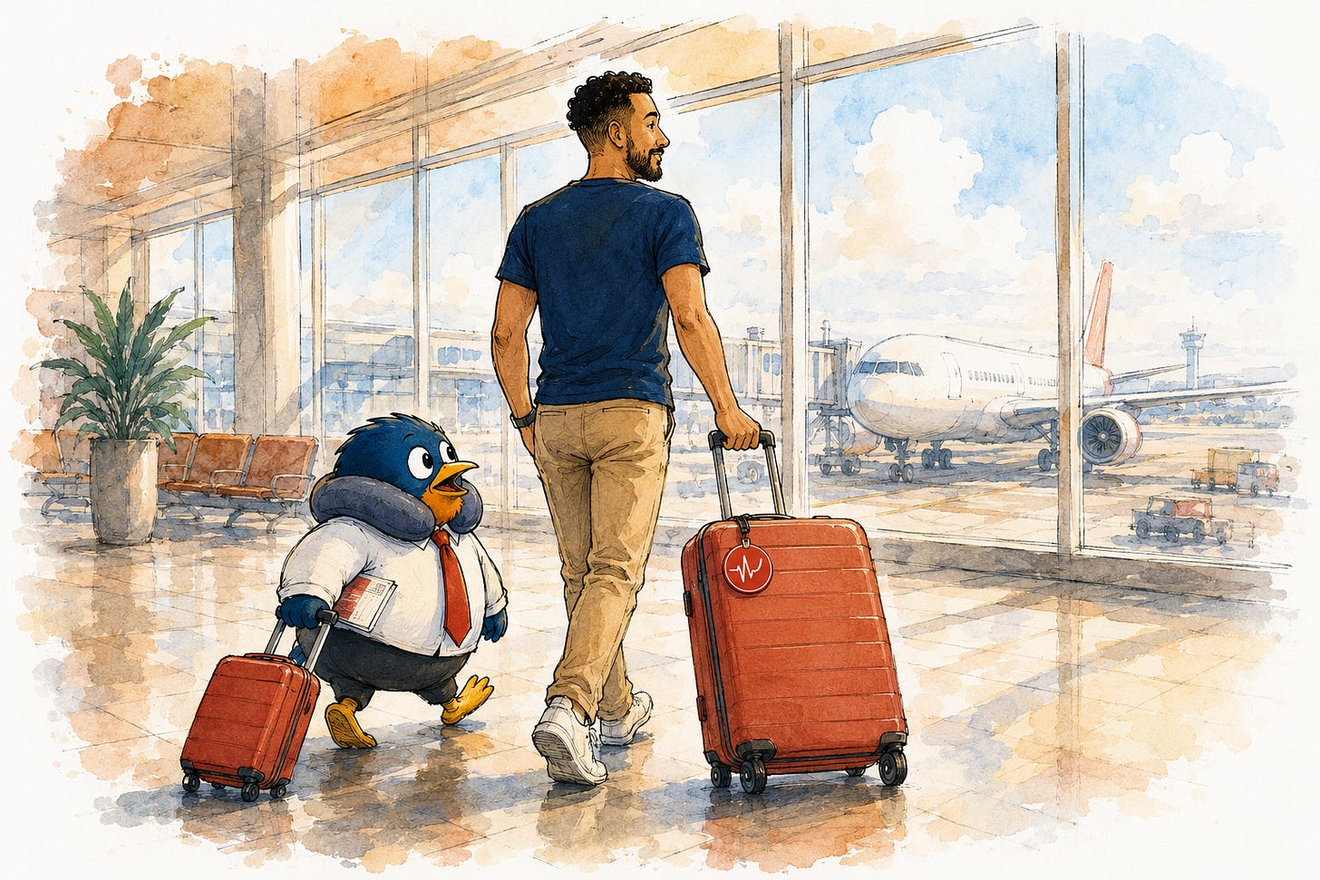 Jesse and the Travel Search Pulse bird, wearing a neck pillow, wheel their suitcases through an airport terminal toward the gate. Jesse and the Travel Search Pulse bird, wearing a neck pillow, wheel their suitcases through an airport terminal toward the gate.